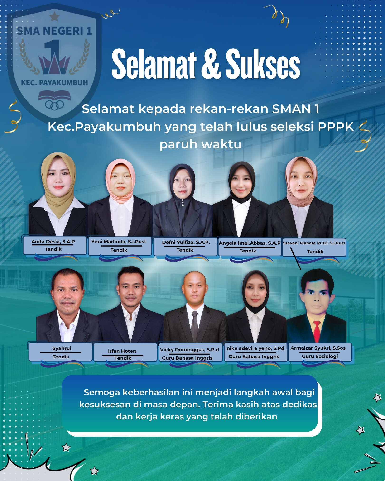 selamat dan sukses kepada rekan-rekan Tenaga Kependidikan (Tendik) dan Guru yang telah lulus sebagai PPPK Paruh Waktu