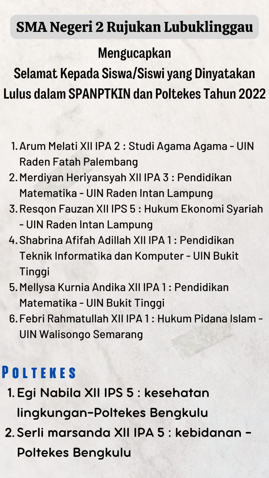 Siswa-Siswi yang Lulus jalur SPANPTKIN & Poltekes