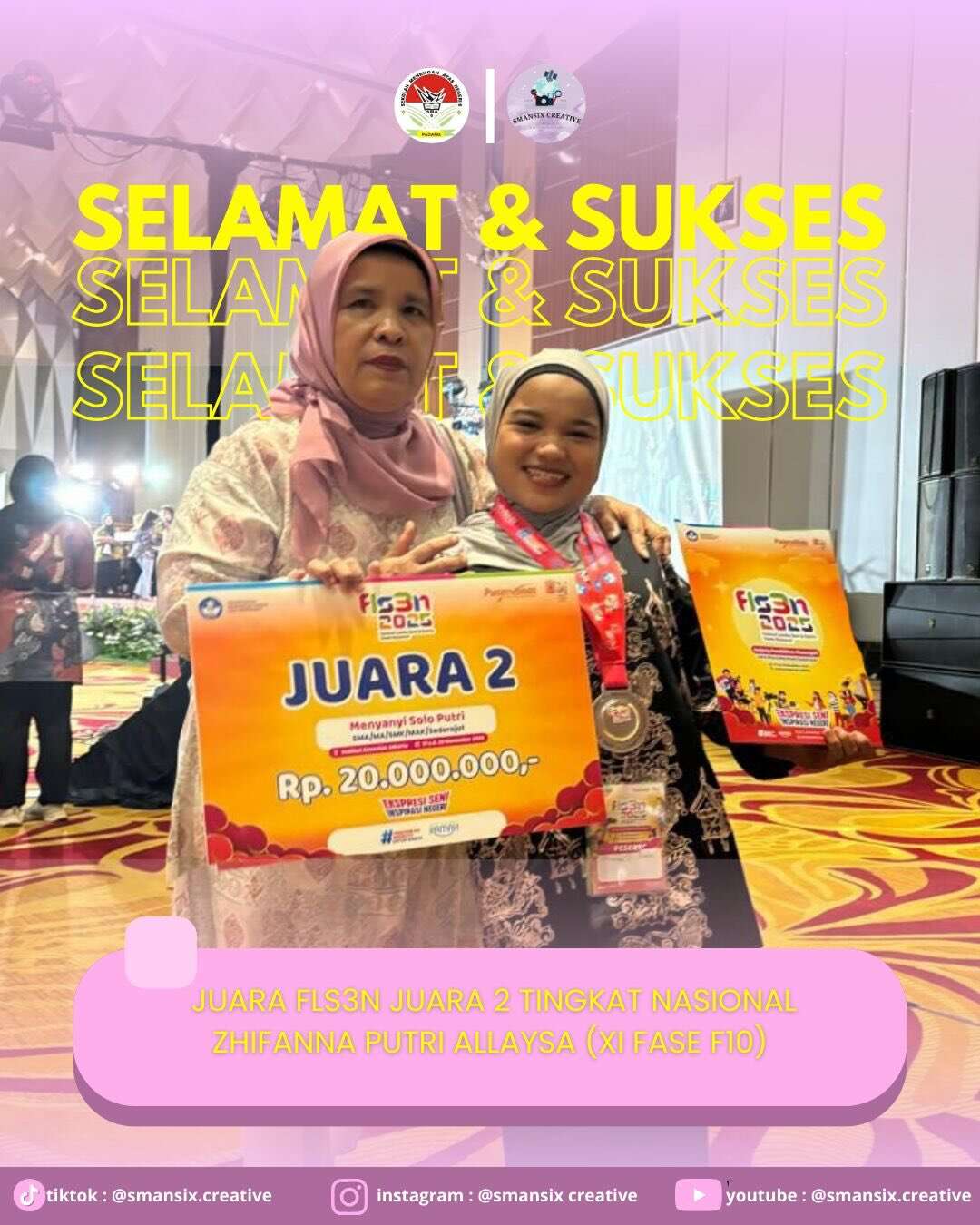 Selamat “Zhifanna Putri Allaysa” Juara 2 FLS3N DIKMEN 2025 Tingkat Nasional, Cabang Menyanyi Solo Putri🎤🎼