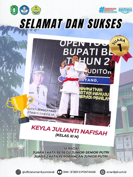 Selamat kepada Keyla Julianti Nafisah atas prestasi yang di raih dalam ajang Open Turnamen Karate Piala Bupati Bengkayang se-Kalimantan Barat 📍Bengkayang