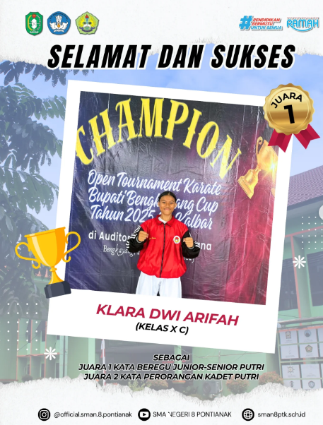 Selamat kepada Klara Dwi Arifah atas prestasi yang di raih dalam ajang Open Turnamen Karate Piala Bupati Bengkayang se-Kalimantan Barat 📍Bengkayang