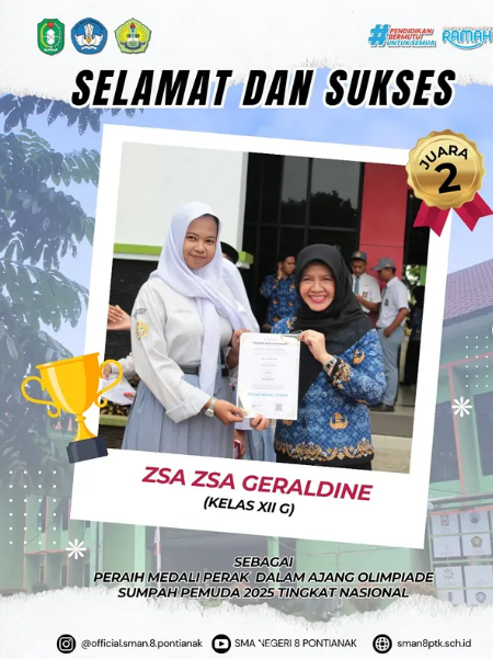 Selamat kepada Zsa Zsa Geraldine kelas XII G telah meraih Medali Perak Bidang Biologi Jenjang SMA/seserajat.