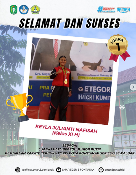 Selamat kepada Keyla Julianti Nafisah (XI H) Atas prestasinya sebagai : Juara 1 Kata Beregu Junior Putri