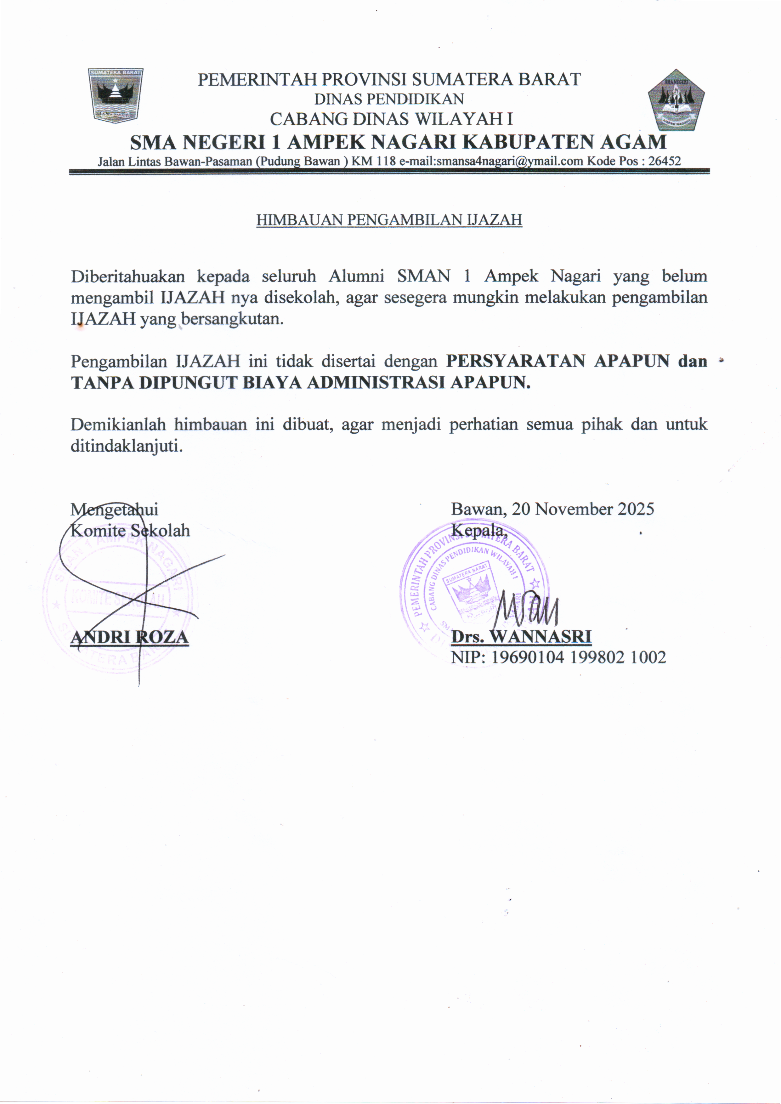 PENGUMUMAN PEGAMBILAN IJAZAH