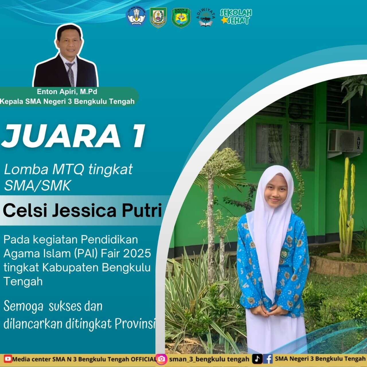 CHELSI JESSICA PUTRI SISWI SMA NEGERI 3 BENGKULU TENGAH RAIH JUARA 1 MTQ TINGKAT KABUPATEN!