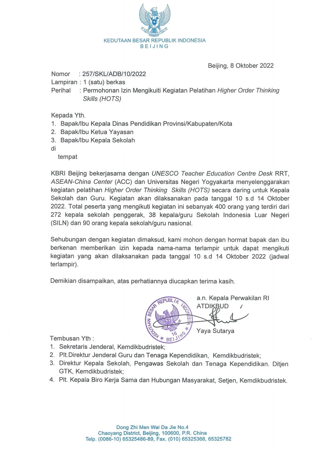 SMAS PERSIAPAN TAMHER WARAT MASUK DALAM KEGIATAN Pelatihan High order Thinkings KBRI Beijing dan UNESCO 2022