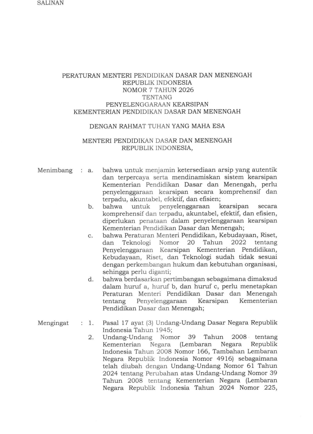 Permendikdasmen Nomor 7 Tahun 2026 tentang Penyelenggaraan Kearsipan Pendidikan Terbit