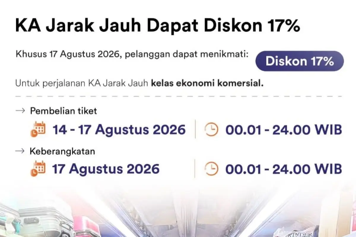 Cara Dapat Diskon Tiket KAI 17 Persen, Cek Jadwal Promo 17 Agustus 2026