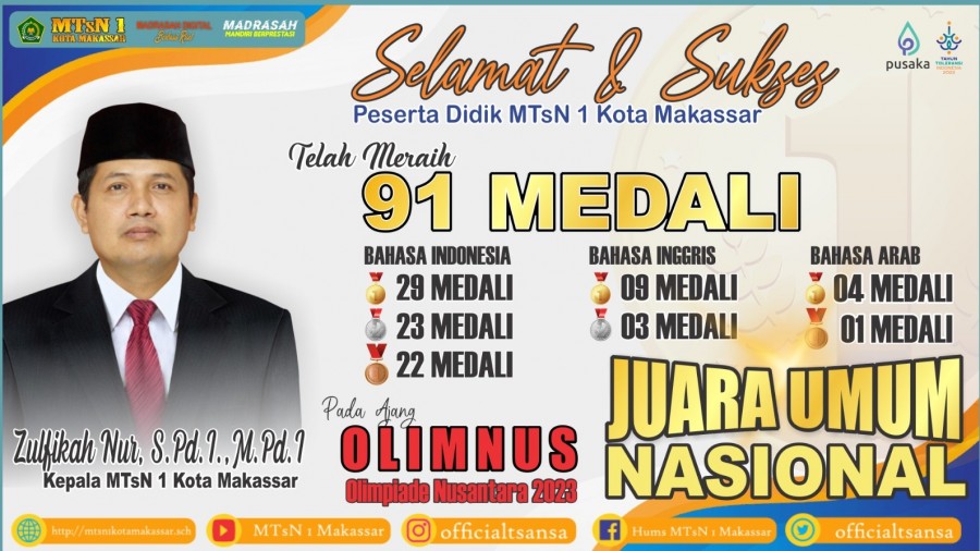 Raih 91 Medali, MTsN 1 Kota Makasar Juara Umum Olimpiade Nusantara 2023